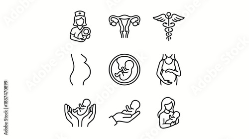 Maternal Health & Pregnancy Icon Set – 9 Pastel-Colored Vectors Featuring Motherhood, Fetal Development, and Medical Care for Educational and Clinical Use
