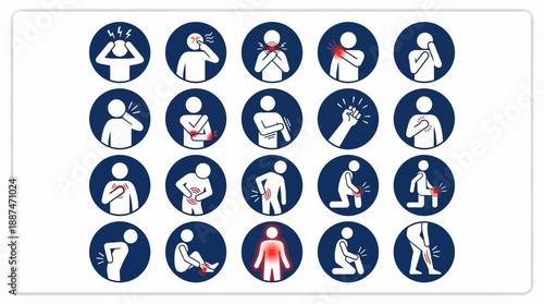 Body Pain Symptom Icon Set – 16 White-on-Blue Circular Vectors Highlighting Specific Discomfort Zones for Medical, Diagnostic, and Educational Use
