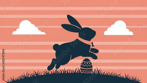 Easter Bunny Running with Egg on Grass during Spring