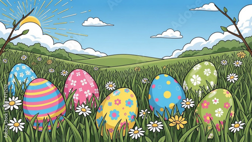 Colorful Easter Eggs in Green Grassy Field with White Flowers during Sunny Day