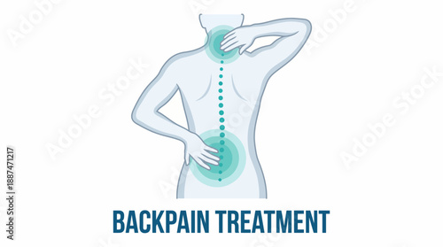 Back Pain Treatment Illustration – Blue-Toned Vector Featuring Spine Discomfort and Therapeutic Gesture for Medical, Physiotherapy, and Educational Use