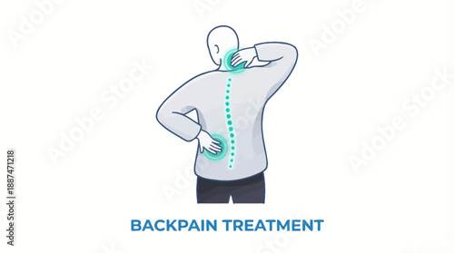 Back Pain Treatment Illustration – Blue-Toned Vector Featuring Spine Discomfort and Therapeutic Gesture for Medical, Physiotherapy, and Educational Use