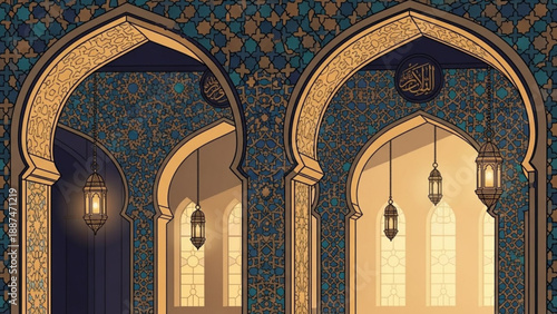 Ornate Archways with Hanging Lanterns in Islamic Architecture