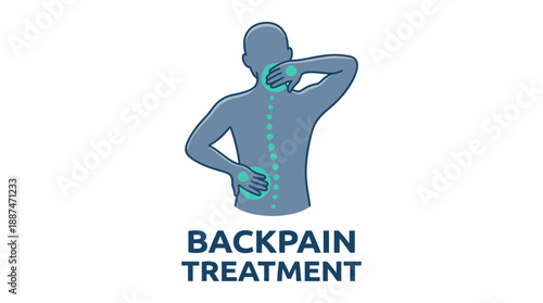 Back Pain Treatment Illustration – Blue-Toned Vector Featuring Spine Discomfort and Therapeutic Gesture for Medical, Physiotherapy, and Educational Use