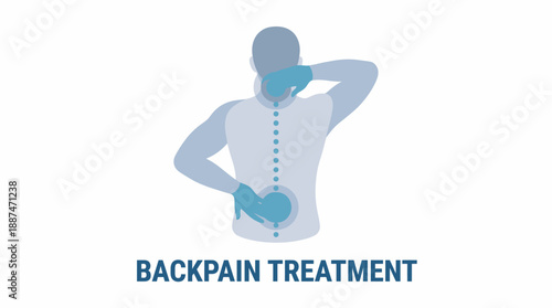 Back Pain Treatment Illustration – Blue-Toned Vector Featuring Spine Discomfort and Therapeutic Gesture for Medical, Physiotherapy, and Educational Use