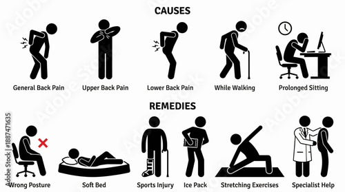 Back Pain Causes & Remedies Icon Set – Black Silhouettes Depicting Discomfort Sources and Relief Methods for Medical, Physiotherapy, and Educational Use