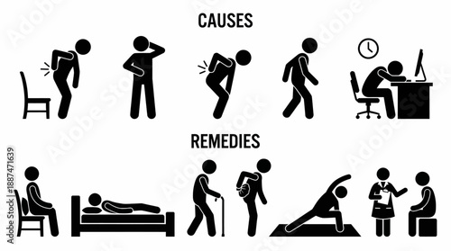 Back Pain Causes & Remedies Icon Set – Black Silhouettes Depicting Discomfort Sources and Relief Methods for Medical, Physiotherapy, and Educational Use