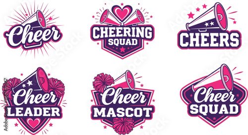 Cheerleading badge and logo set with megaphone icons, cheer squad typography, sports team emblems, pink purple vector illustration, energetic modern graphic style