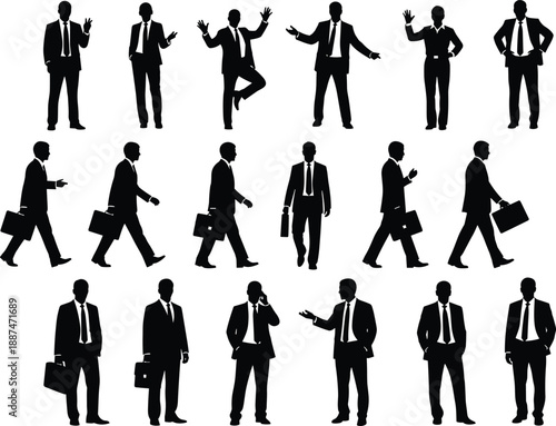 Businessman silhouette illustration set with men in suits walking, standing and gesturing poses, professional corporate activities, black vector office character collection