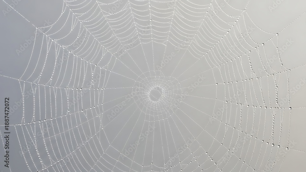 Fototapeta premium Intricate Spider Web on Grey Background with Dew Drops