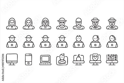 Cybersecurity And Hacker Identity Icons For Digital Security Systems