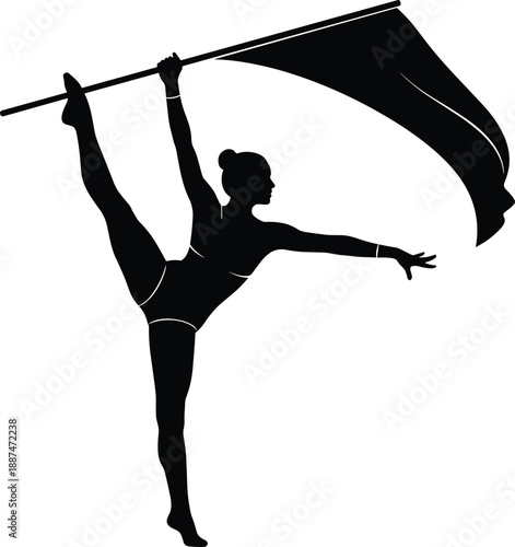 Rhythmic gymnastics silhouette illustration with female dancer holding ribbon flag, graceful athletic pose, artistic sport performance, black vector design, isolated on white