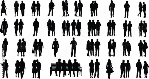People silhouette group collection with men and women standing, walking and socializing poses, diverse human interactions, black vector illustration set, isolated minimal design