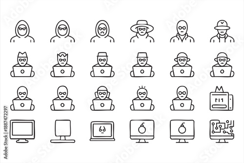 Cyber Crime And User Device Line Icons For Security Applications