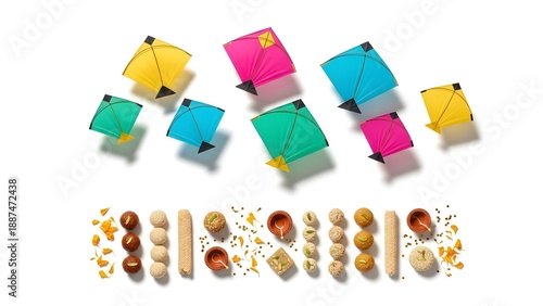 Makar Sankranti Celebration with Sesame Laddoos and Colorful Kites – Festive Indian Harvest Festival Concept