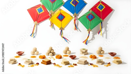 Makar Sankranti Celebration with Sesame Laddoos and Colorful Kites – Festive Indian Harvest Festival Concept