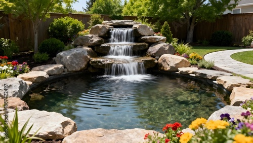 Natural Stone Waterfall Garden Pond in Landscaped Backyard with Clear Water, Green Plants, Soft Daylight and Tranquil Outdoor Design