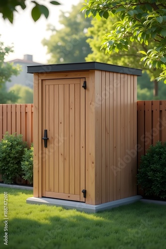 Modern Minimalist Wooden Outdoor Toilet Cabin in Green Backyard Garden with Natural Daylight, Clean Design, Realistic Perspective, and Professional Exterior Architecture Detail