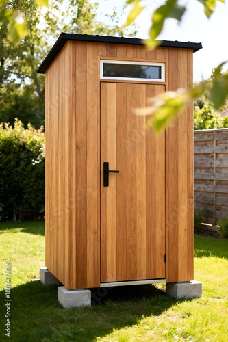 Modern Minimalist Wooden Outdoor Toilet Cabin in Green Backyard Garden with Natural Daylight, Clean Design, Realistic Perspective, and Professional Exterior Architecture Detail