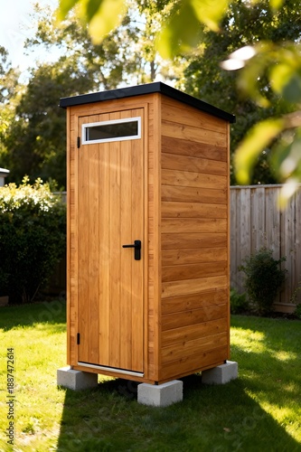 Modern Minimalist Wooden Outdoor Toilet Cabin in Green Backyard Garden with Natural Daylight, Clean Design, Realistic Perspective, and Professional Exterior Architecture Detail