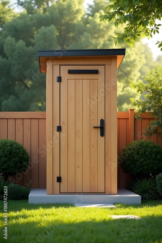 Modern Minimalist Wooden Outdoor Toilet Cabin in Green Backyard Garden with Natural Daylight, Clean Design, Realistic Perspective, and Professional Exterior Architecture Detail