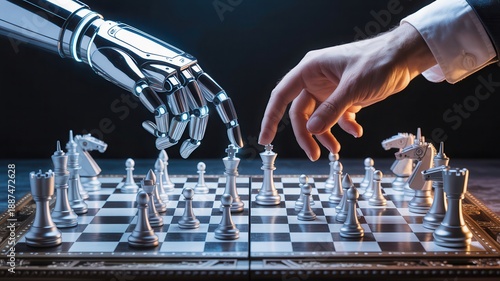 Human and robotic hands playing chess with strategy and innovation