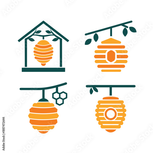 Beehive Icon Set Hanging on Tree Branch, Flat Vector Illustration for Honey and Nature Design