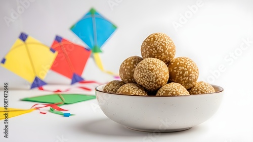 Makar Sankranti Celebration with Sesame Laddoos and Colorful Kites – Festive Indian Harvest Festival Concept