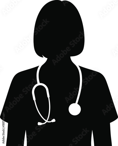 Doctor silhouette illustration, stethoscope icon, medical professional, healthcare worker, black figure, nurse pose, hospital theme, vector art, clinical design