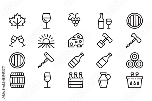 Wine Bottle Grape And Barrel Icons For Food And Beverage UI