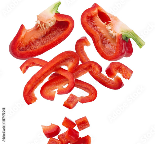 Φωτογραφία vibrant red bell pepper sliced and diced on a transparent background, studio shot, showcasing seeds and internal structure for cooking and healthy recipes
