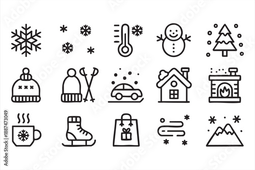 Winter Line Icons for UI Design, Christmas Weather and Holiday Interface Elements