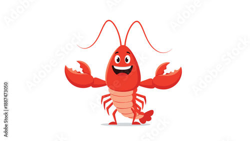 Happy red lobster cartoon character with its claws raised in a friendly gesture against a white background.