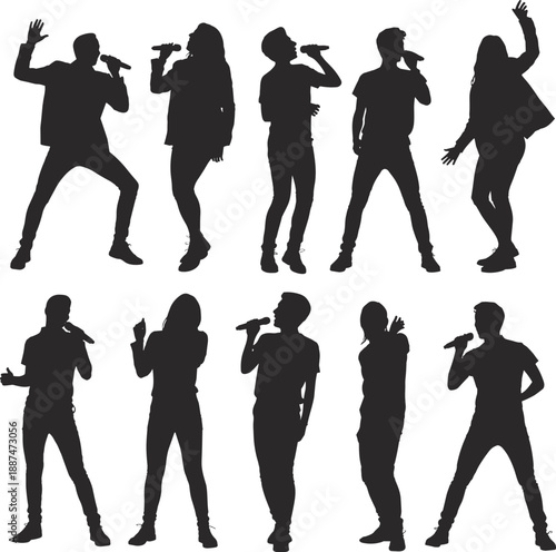 Set of singer silhouettes performing on stage with microphones, male and female vocalists singing, live music concert performance vector illustration. (20 words)