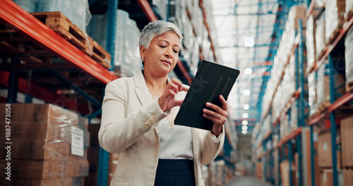 Photos Business woman, warehouse and inventory with tablet for logistics, checklist or quality assurance