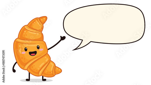 Adorable golden croissant cartoon character with tiny arms and legs waving next to an empty speech bubble for text.