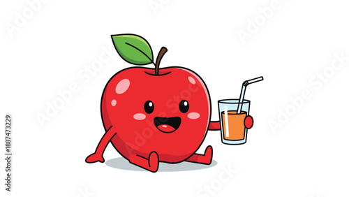Friendly red apple cartoon character sitting down and holding a glass of fresh apple juice with a straw on a white background.