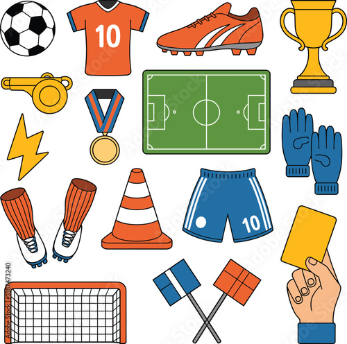 Soccer game elements, jersey, cleats, ball, trophy, whistle, medal, field, gloves, goalpost, referee gear, training, match icons