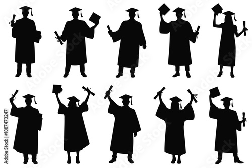Graduates celebrating success silhouettes, vector illustration of happy students throwing caps, representing achievement, education, and academic celebration.