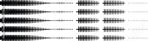 Abstract audio waveform sound waves set, black minimal equalizer pulse shapes, modern music signal visualization vector elements isolated on white