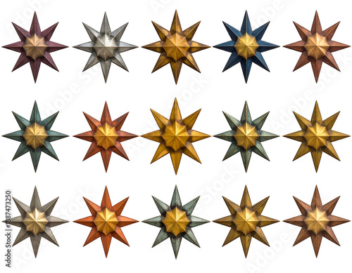 Rows of metallic starburst emblems in varied colors on black