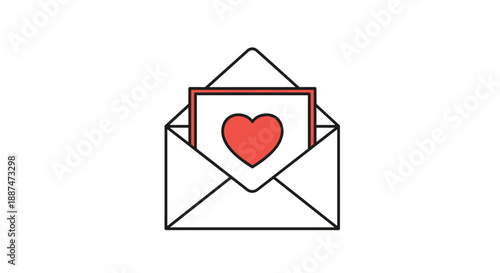 Open white envelope with a red heart on a card inside representing love letters, valentine messages, or romantic wedding invitations.