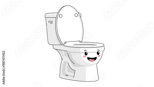 Smiling white toilet character with an open lid and friendly face is isolated on a white background for plumbing concepts.