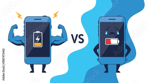 Comparison between a powerful smartphone with full battery and strong arms versus a weak crying phone with low battery life.
