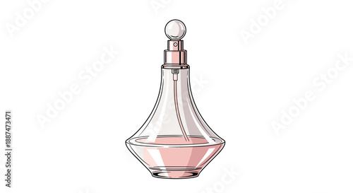 Elegant glass perfume bottle with pink liquid and a round cap isolated on white for beauty, cosmetic, or fragrance related design work.