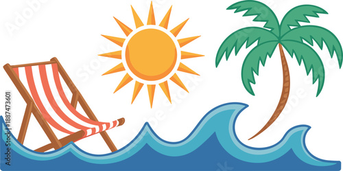 Tropical beach scene illustration, sun rays, palm tree, ocean waves, striped chair, summer vacation, cartoon style, travel theme, vector art