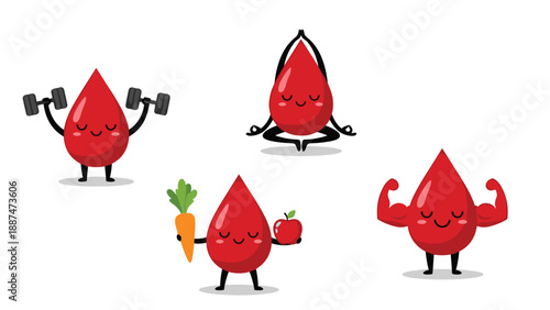Collection of cute red blood drop characters performing various healthy activities like exercising, meditating, and eating fruit.