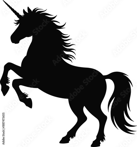 Unicorn silhouette illustration, magical creature, rearing pose, black icon, fantasy animal, mythical design, elegant shape, vector art, enchanted theme, legend