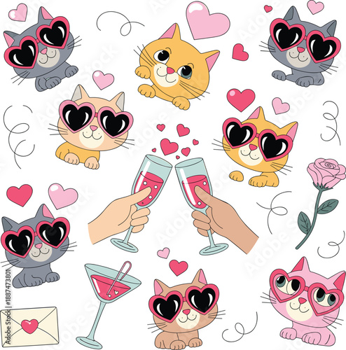 Valentine’s Day romantic cat illustration set with cute kittens wearing heart sunglasses, pink roses, champagne glasses, love letters, and hearts. (21 words)