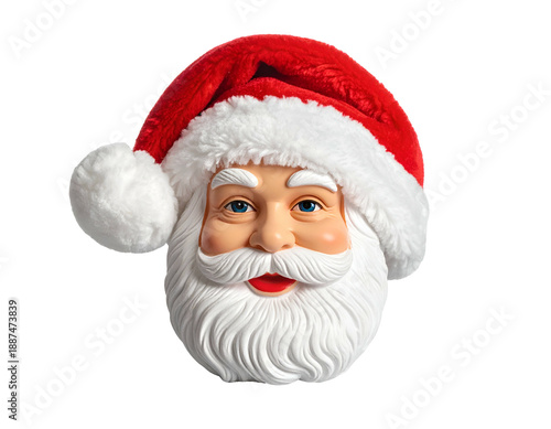 Festive Santa Claus face with red hat, white beard, and blue eyes